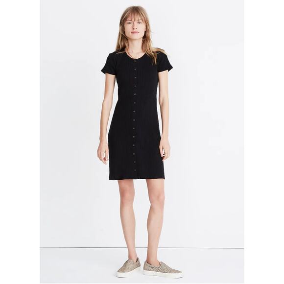 MADEWELL NWT Button-Front Ribbed Mini Dress in Black A0580 // XS - Picture 1 of 14